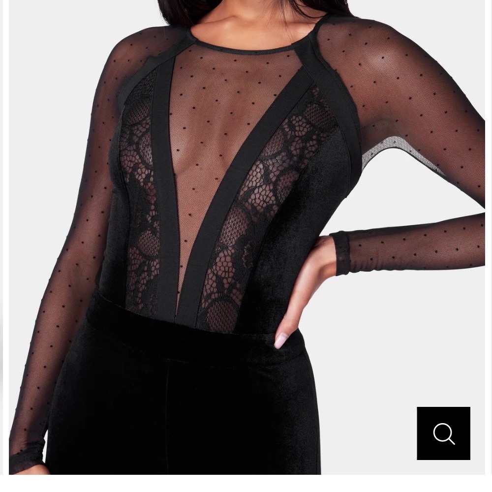 BEBE SWISS DOT COMBO VELOUR CATSUIT.